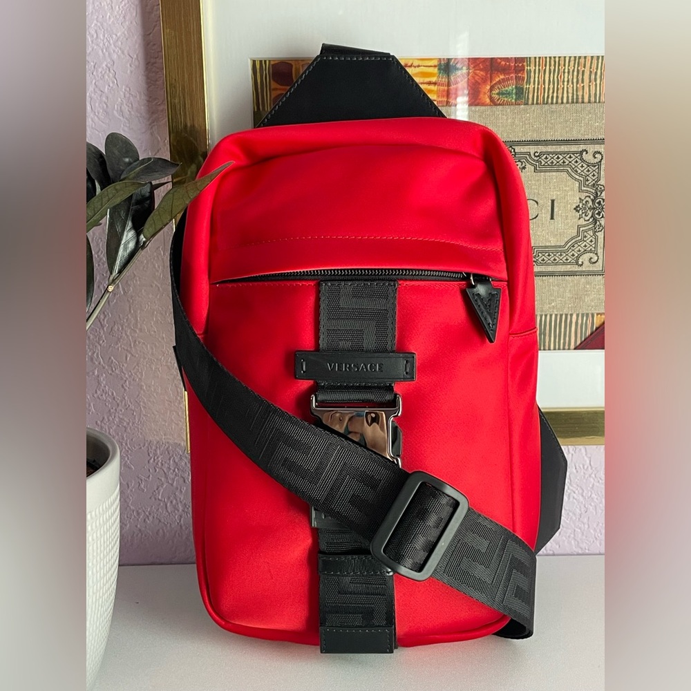 Versace RED nylon one-shoulder backpack sling bag - Rare Color!